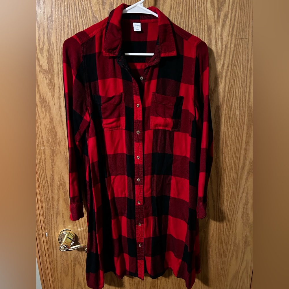 Old Navy black/red plaid button up dress. Size M - Picture 1 of 7